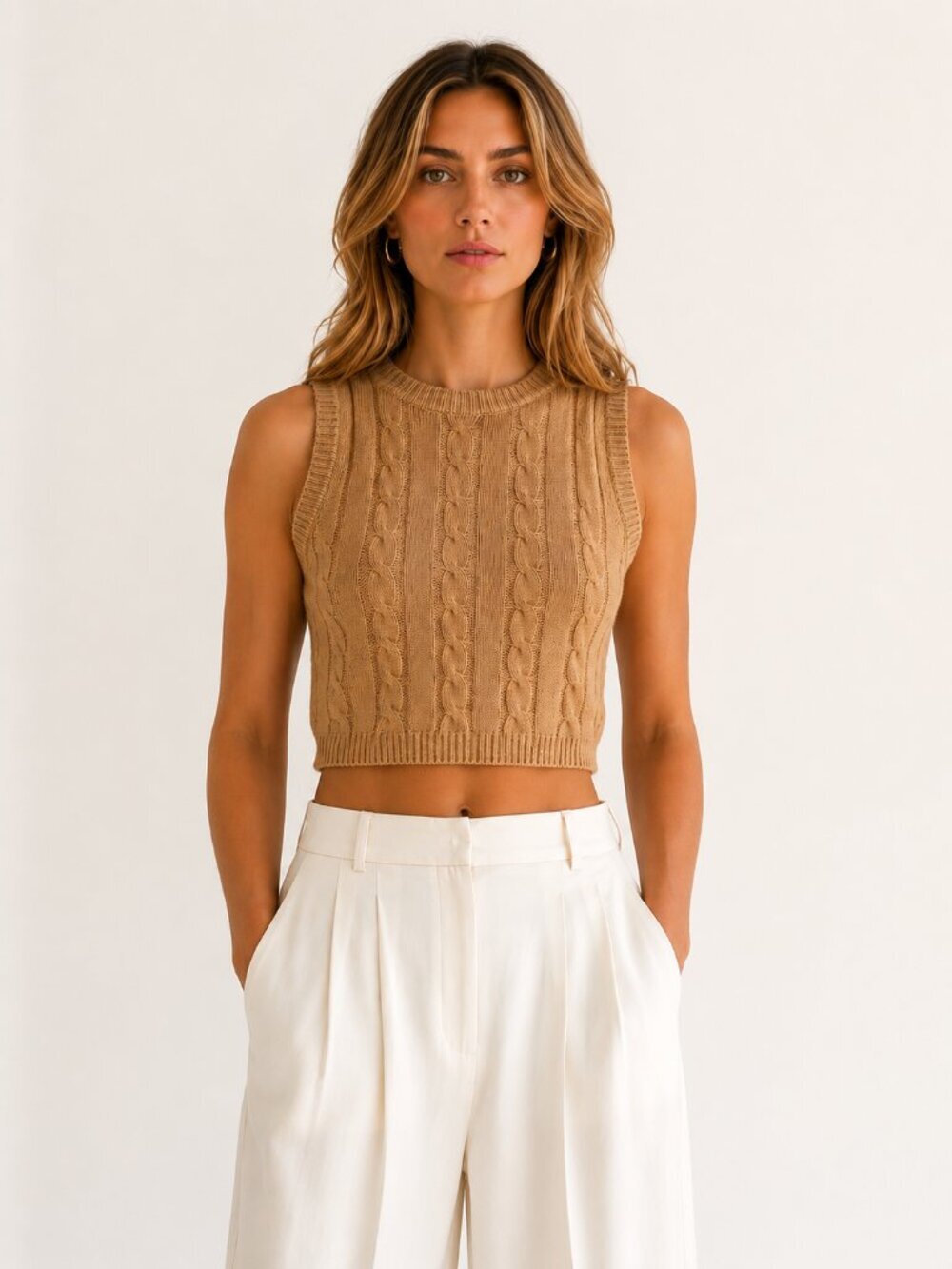 SABLYN 100% Cashmere Cable-knit Cropped Sweater Luxury Top Vest Camel NWOT